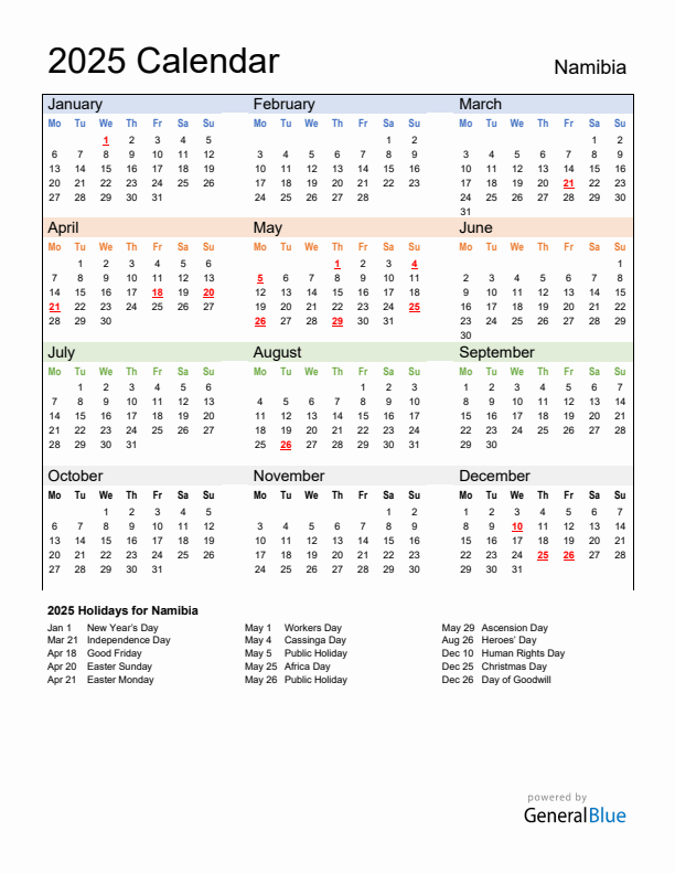 Calendar 2025 with Namibia Holidays