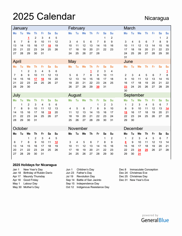 Calendar 2025 with Nicaragua Holidays