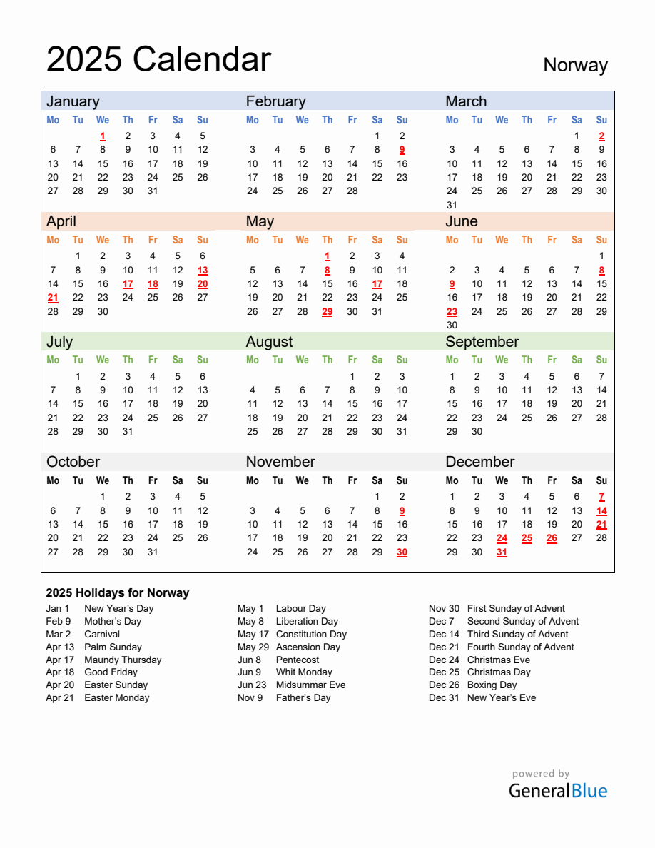 Annual Calendar 2025 with Norway Holidays