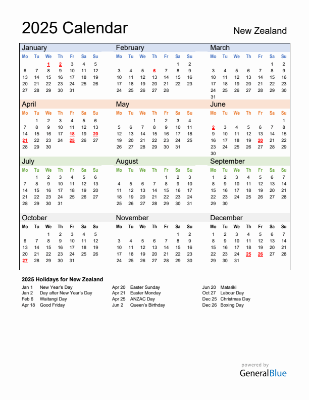 Calendar 2025 with New Zealand Holidays