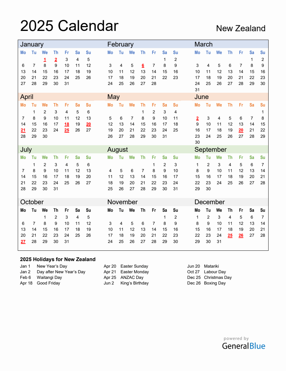 Annual Calendar 2025 with New Zealand Holidays