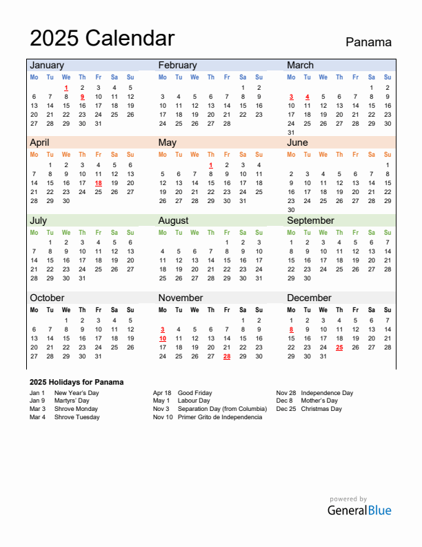 Calendar 2025 with Panama Holidays