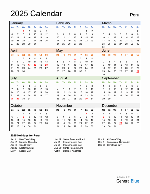 Calendar 2025 with Peru Holidays