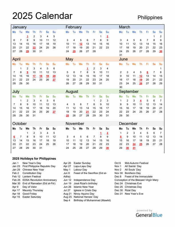 Calendar 2025 with Philippines Holidays