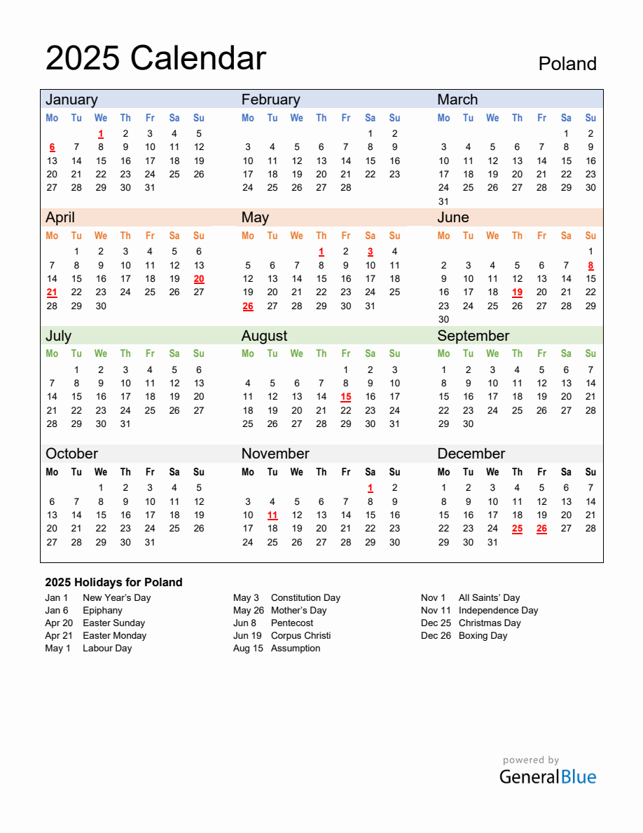Annual Calendar 2025 with Poland Holidays