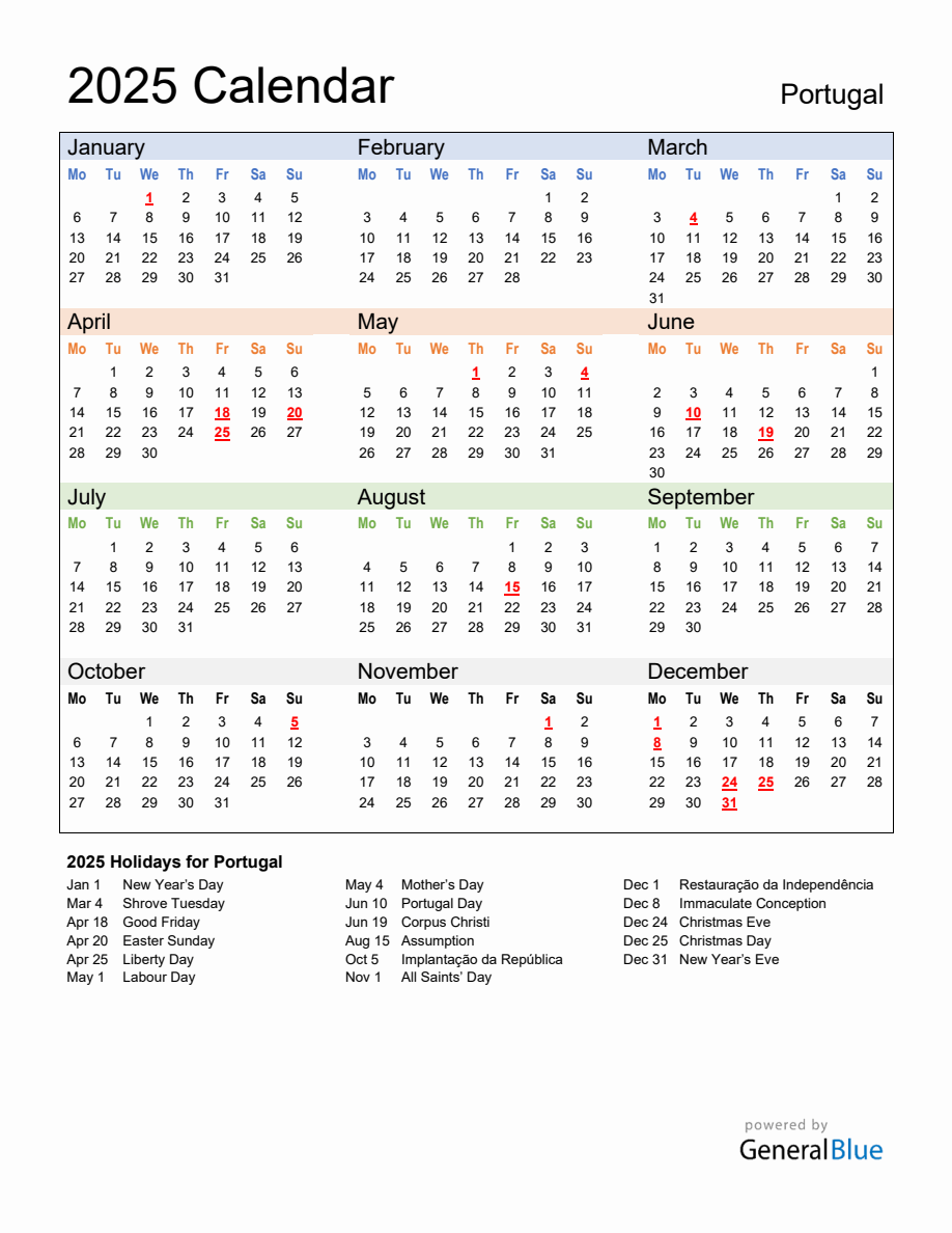 Annual Calendar 2025 with Portugal Holidays