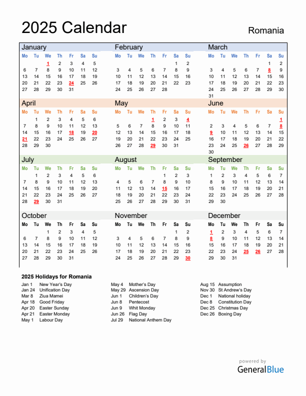 Annual Calendar 2025 with Romania Holidays