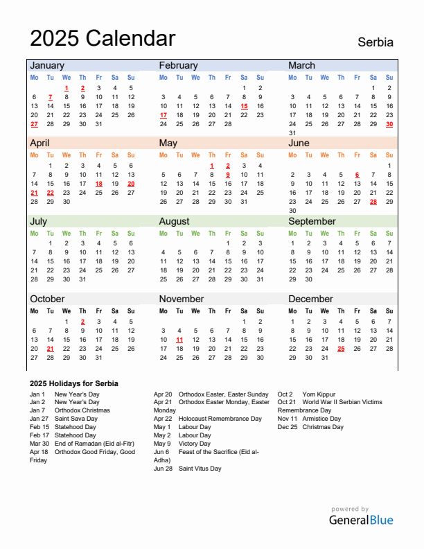 Calendar 2025 with Serbia Holidays