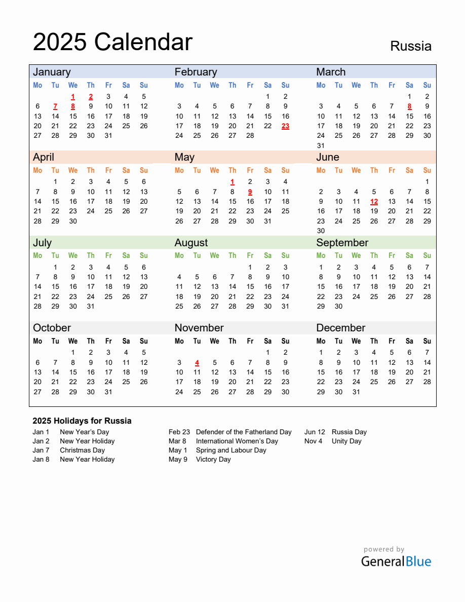 Annual Calendar 2025 with Russia Holidays