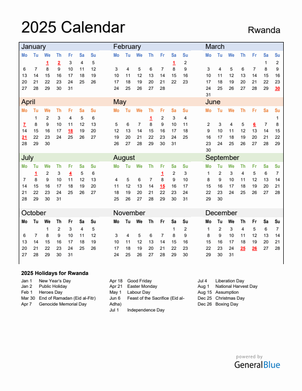 Calendar 2025 with Rwanda Holidays