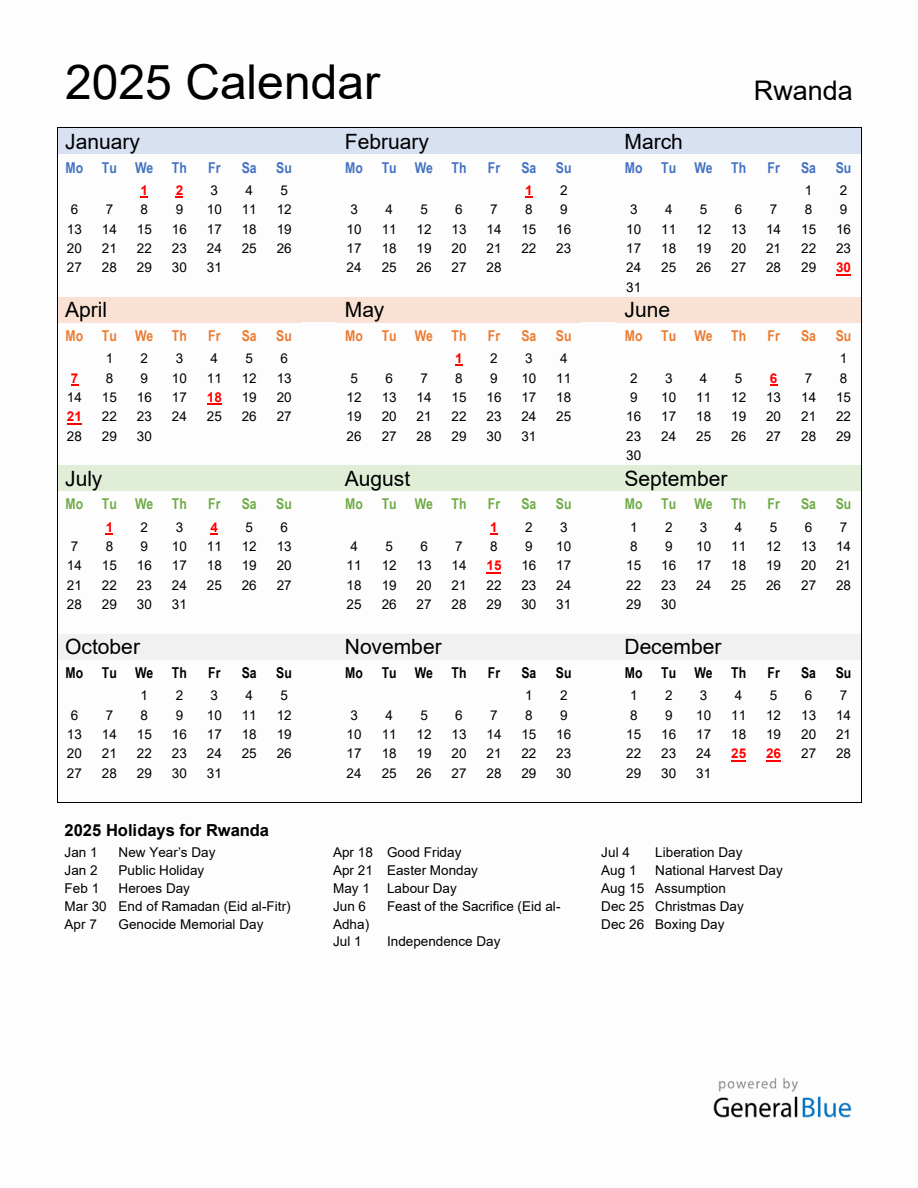 Annual Calendar 2025 with Rwanda Holidays