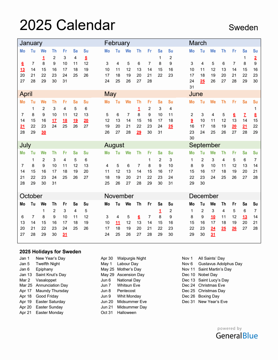 Annual Calendar 2025 with Sweden Holidays