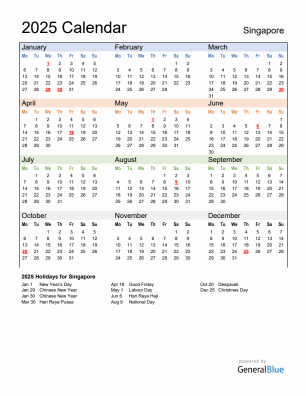 Calendar 2025 with Singapore Holidays