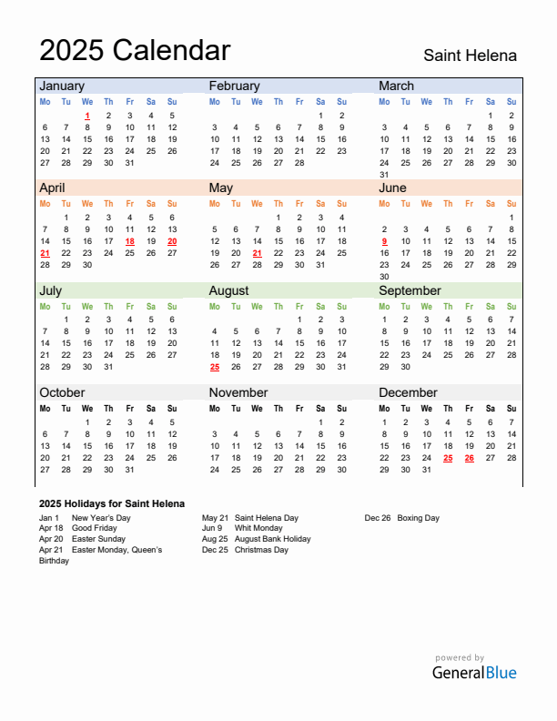 Calendar 2025 with Saint Helena Holidays