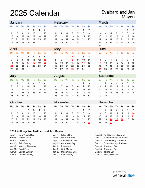 Calendar 2025 with Svalbard and Jan Mayen Holidays