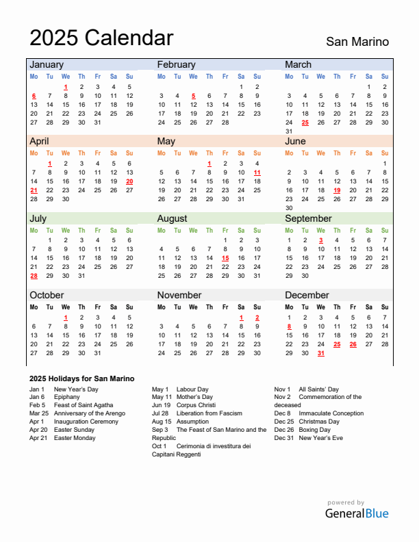 San Marino 2025 Calendar with Holidays