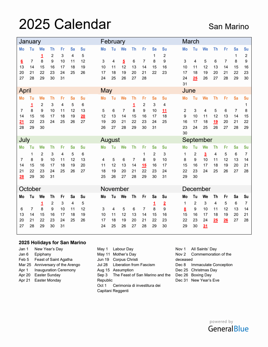 Annual Calendar 2025 with San Marino Holidays