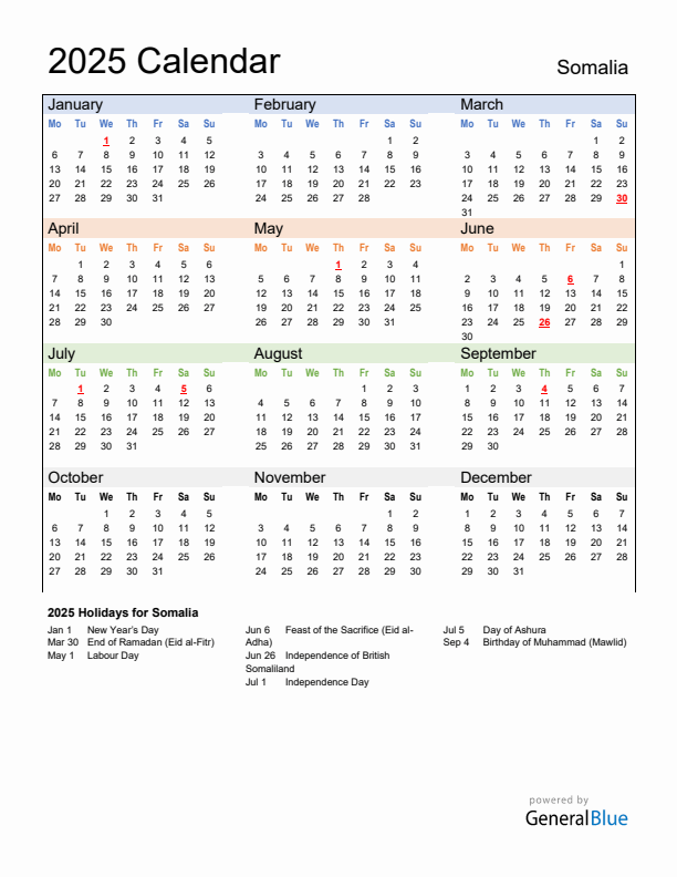 Calendar 2025 with Somalia Holidays
