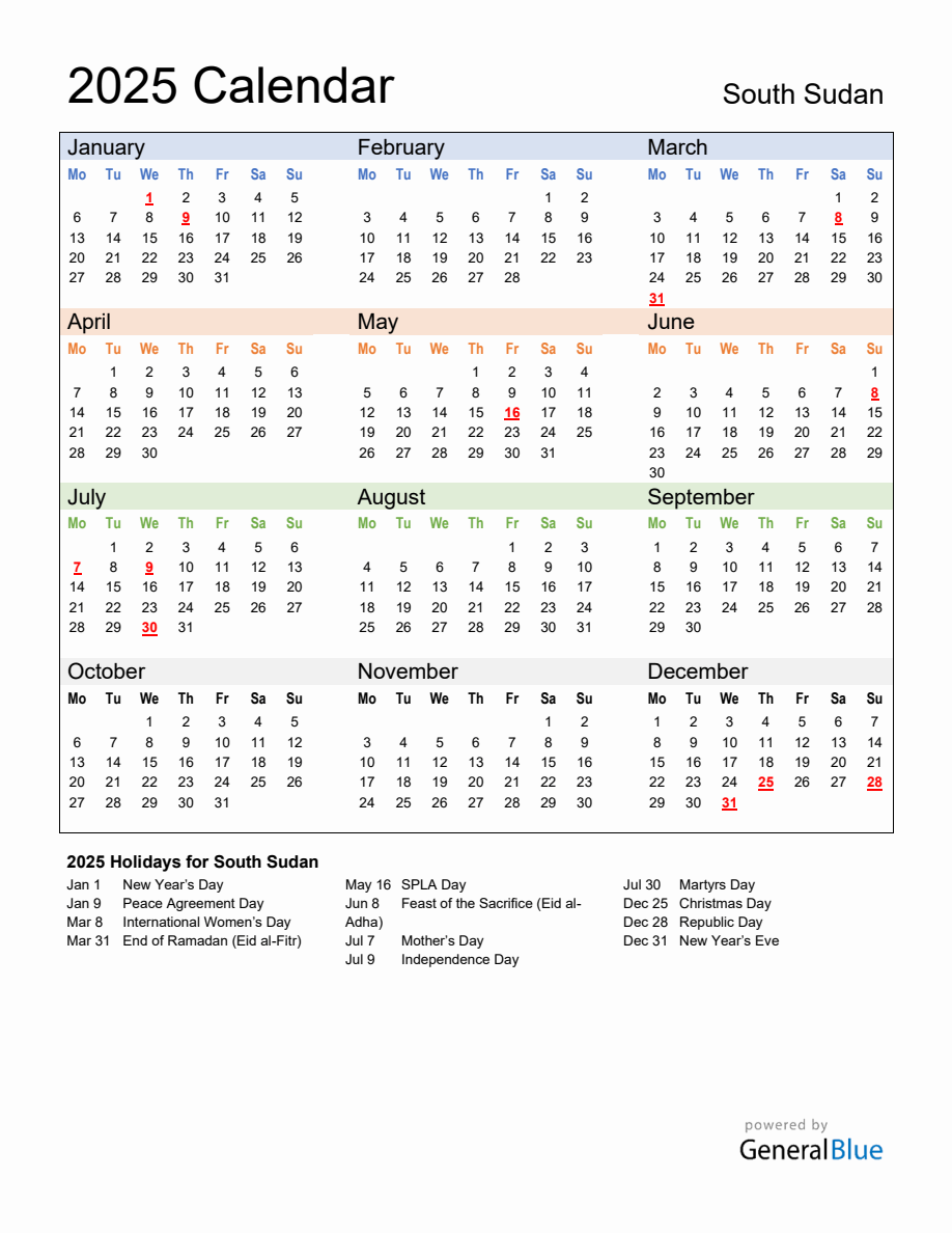 Annual Calendar 2025 with South Sudan Holidays