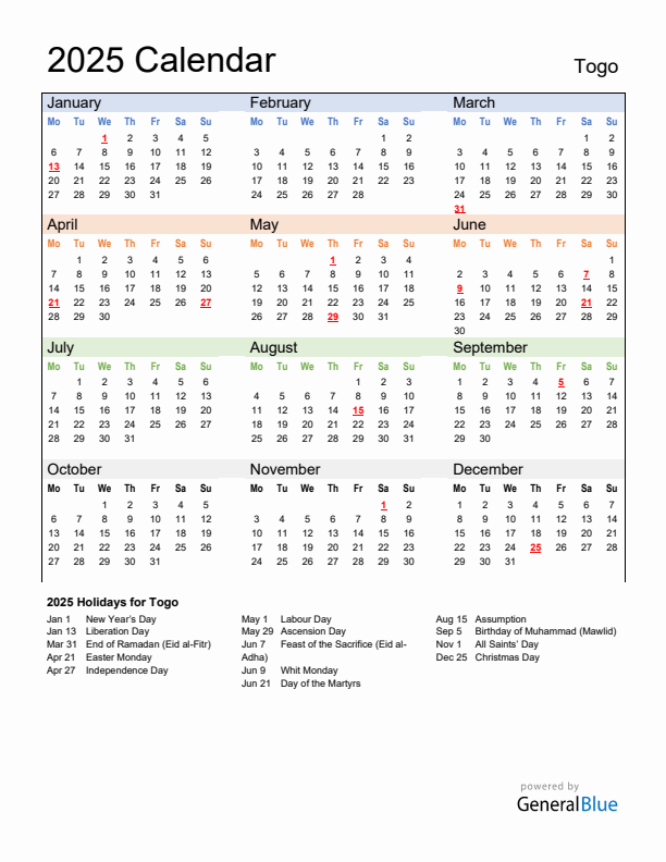 Calendar 2025 with Togo Holidays