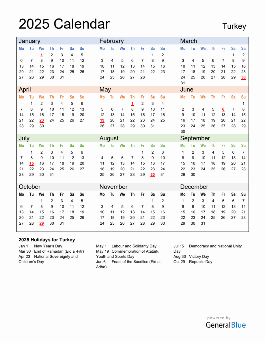 Annual Calendar 2025 with Turkey Holidays