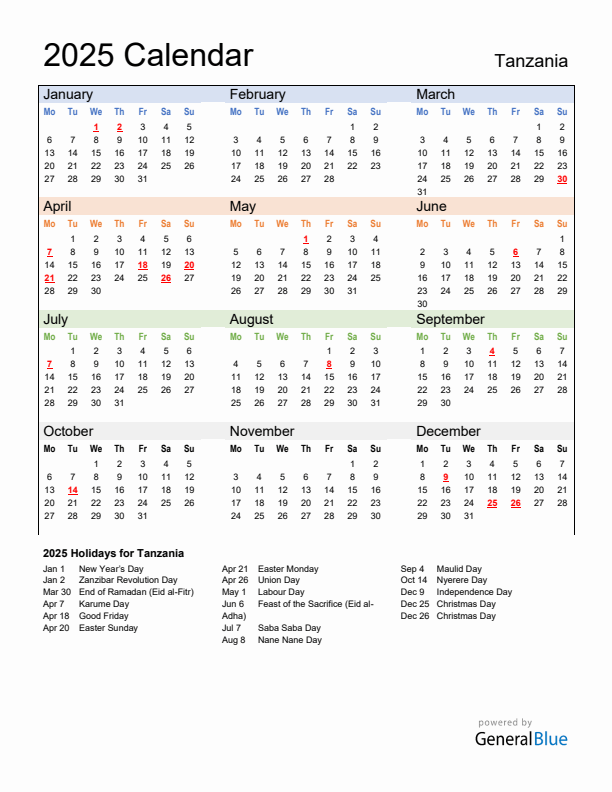 Calendar 2025 with Tanzania Holidays