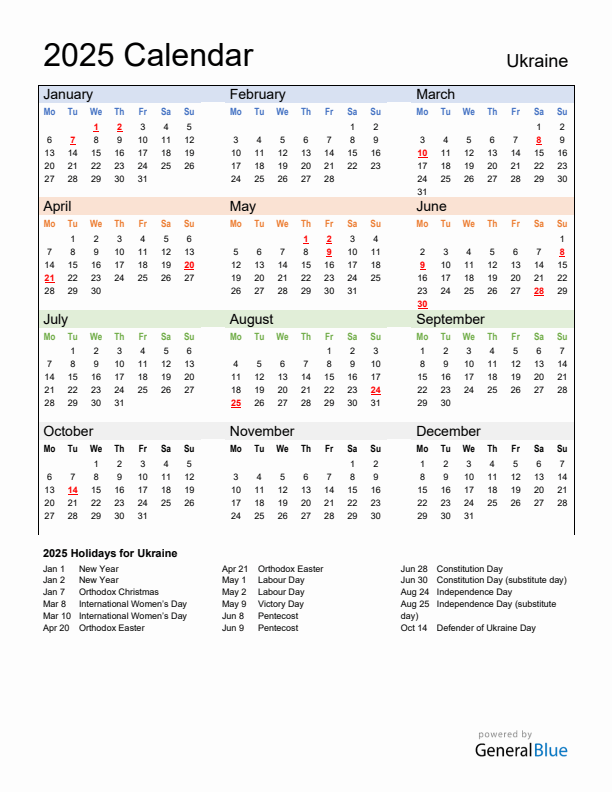 Calendar 2025 with Ukraine Holidays
