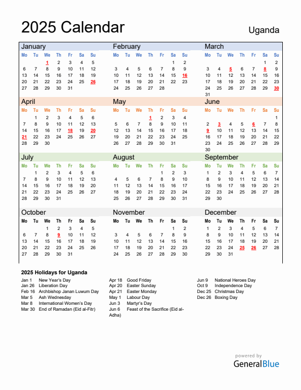 Calendar 2025 with Uganda Holidays