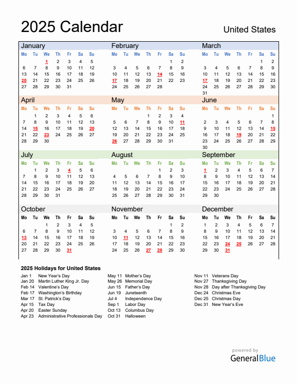 Calendar 2025 with United States Holidays