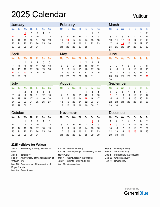 Annual Calendar 2025 with Vatican Holidays
