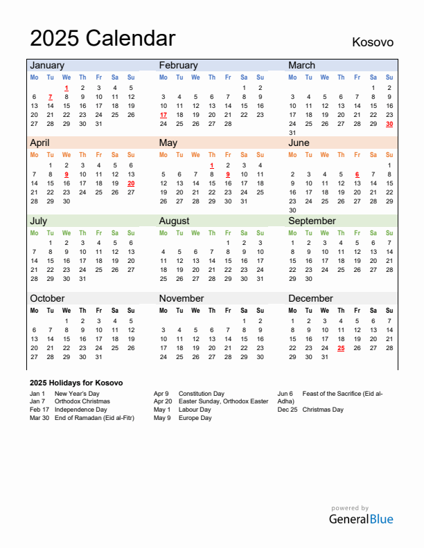 Calendar 2025 with Kosovo Holidays