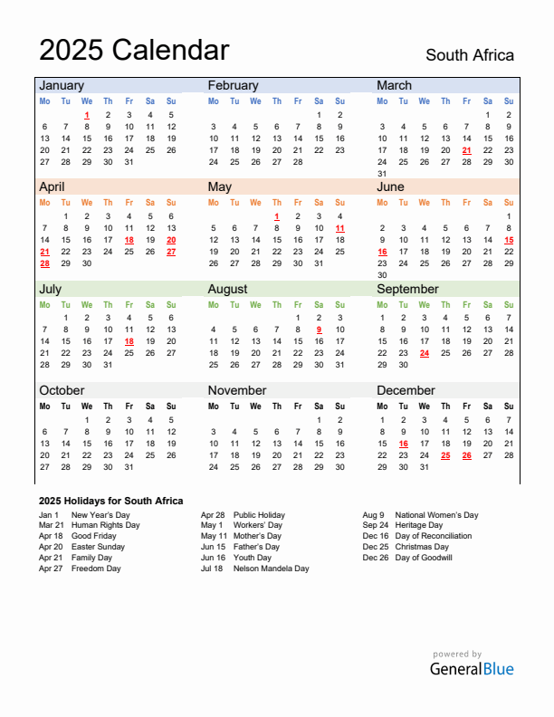 Calendar 2025 with South Africa Holidays