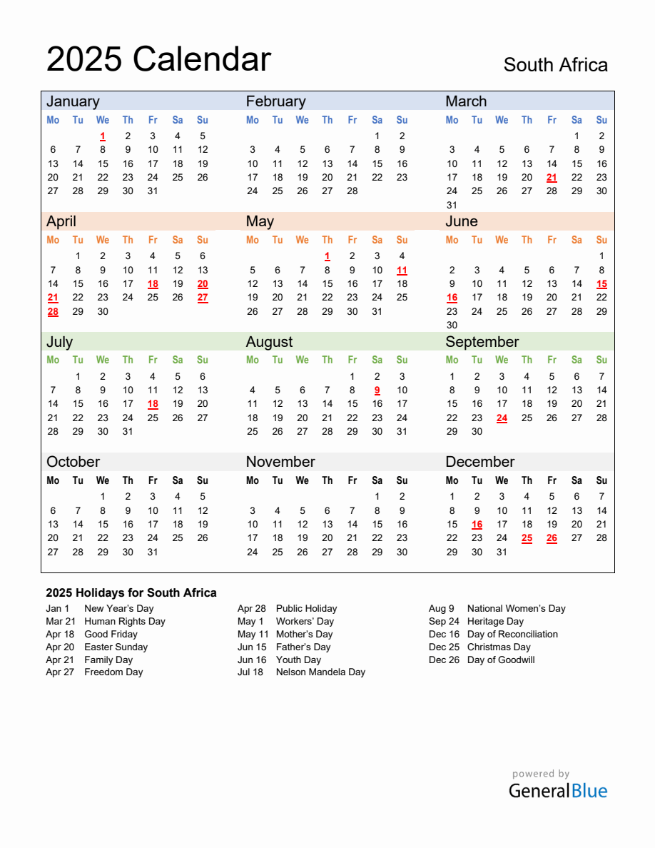 Annual Calendar 2025 with South Africa Holidays