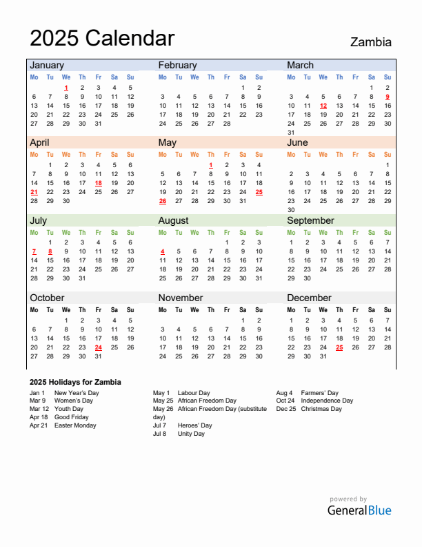 Calendar 2025 with Zambia Holidays