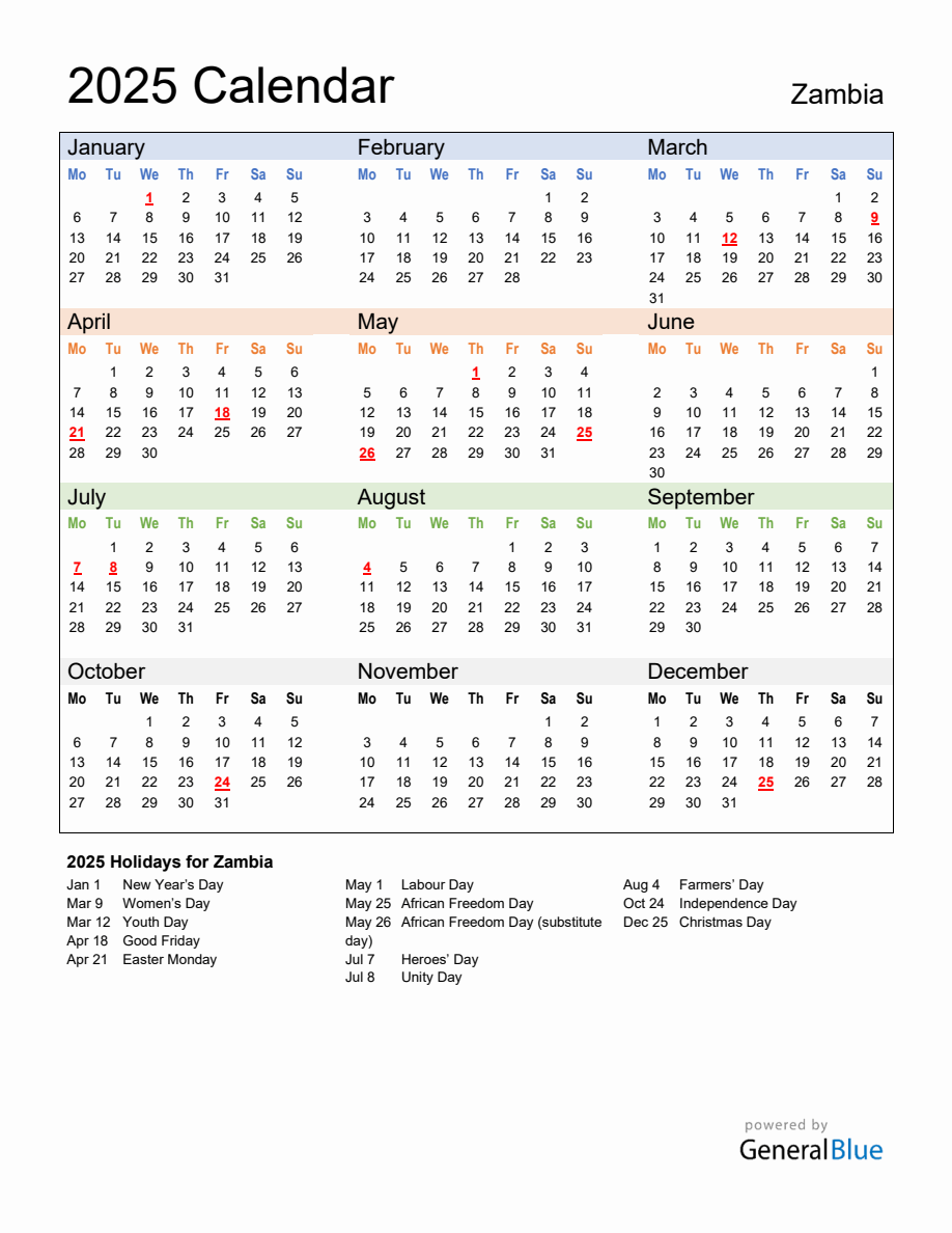 Annual Calendar 2025 with Zambia Holidays