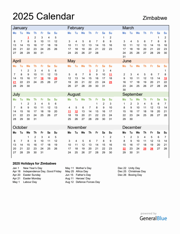 Calendar 2025 with Zimbabwe Holidays