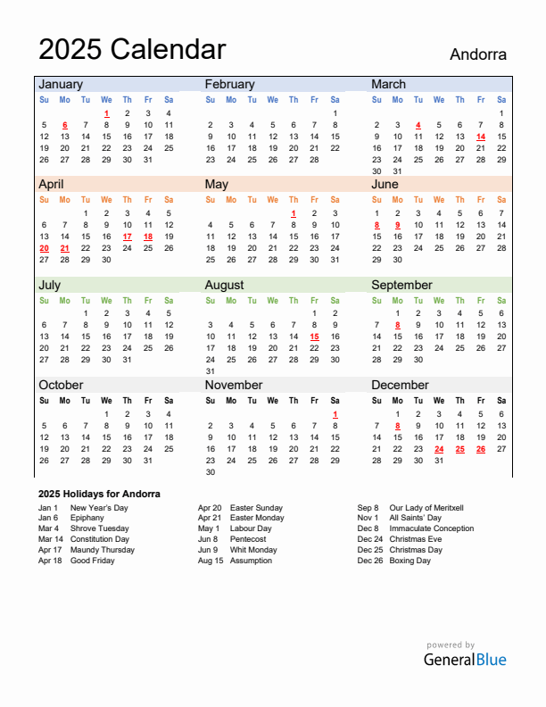 Calendar 2025 with Andorra Holidays