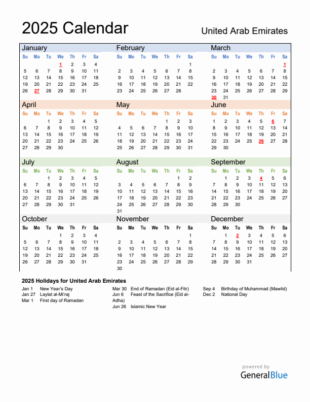 Calendar 2025 with United Arab Emirates Holidays