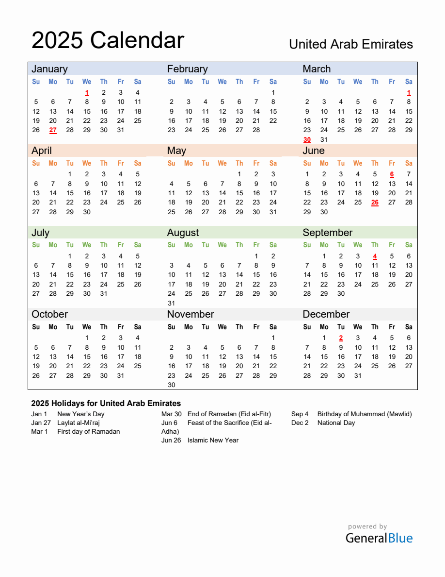 Annual Calendar 2025 with United Arab Emirates Holidays