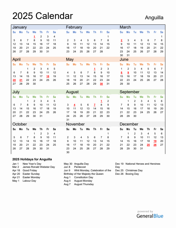 Calendar 2025 with Anguilla Holidays