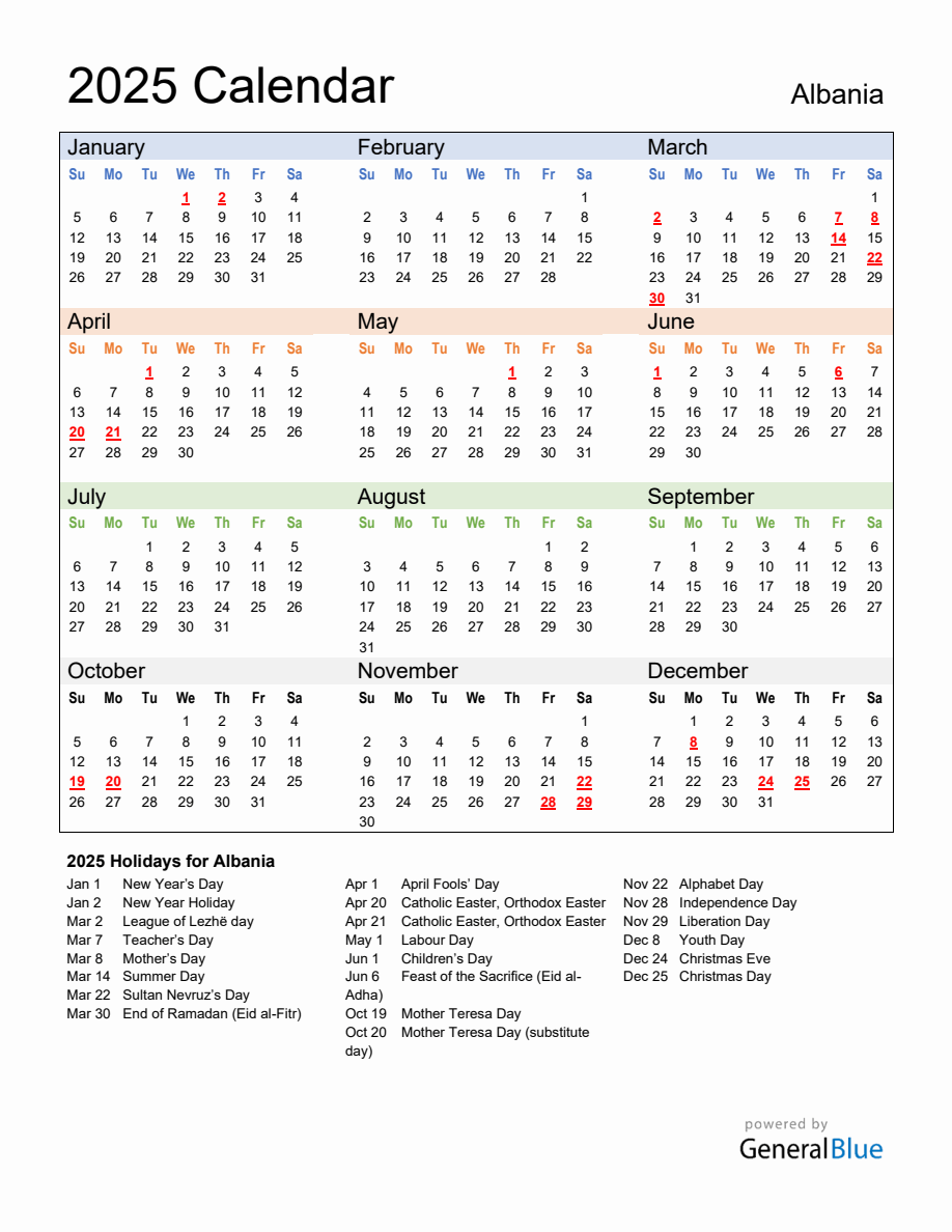 Annual Calendar 2025 with Albania Holidays