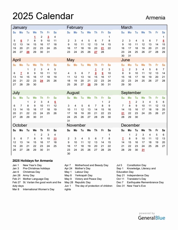 Calendar 2025 with Armenia Holidays