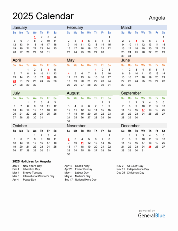 Calendar 2025 with Angola Holidays