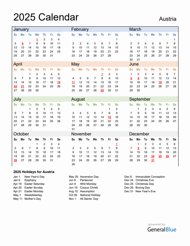 Calendar 2025 with Austria Holidays