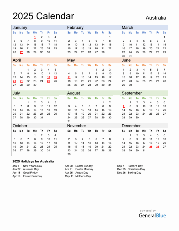 Calendar 2025 with Australia Holidays