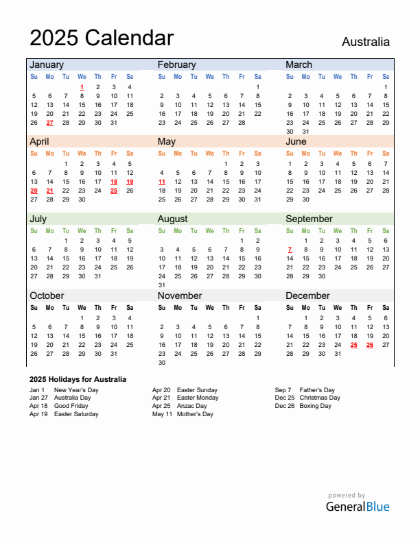 2025 Australia Calendar With Holidays