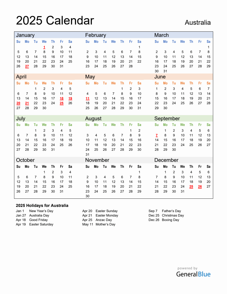 Annual Calendar 2025 with Australia Holidays