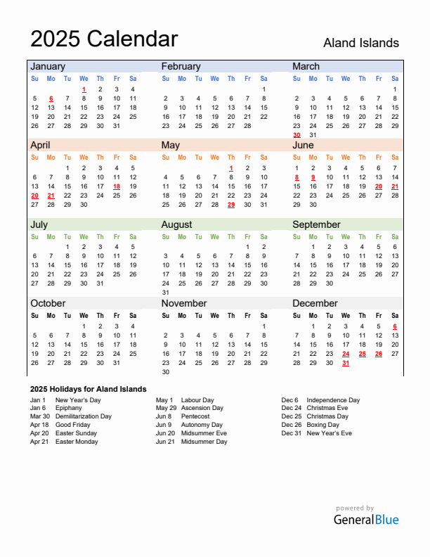 Calendar 2025 with Aland Islands Holidays