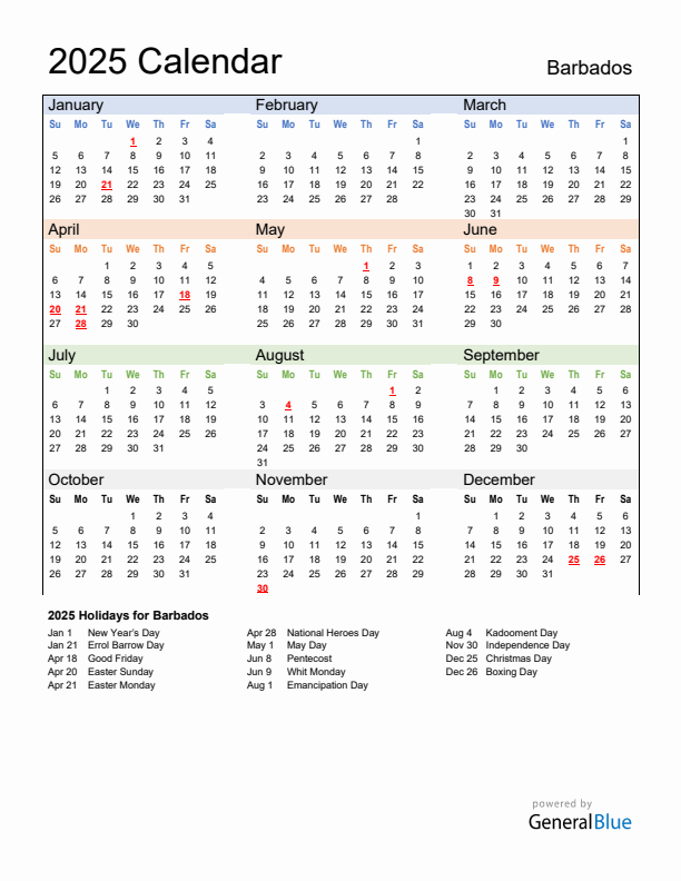 Calendar 2025 with Barbados Holidays