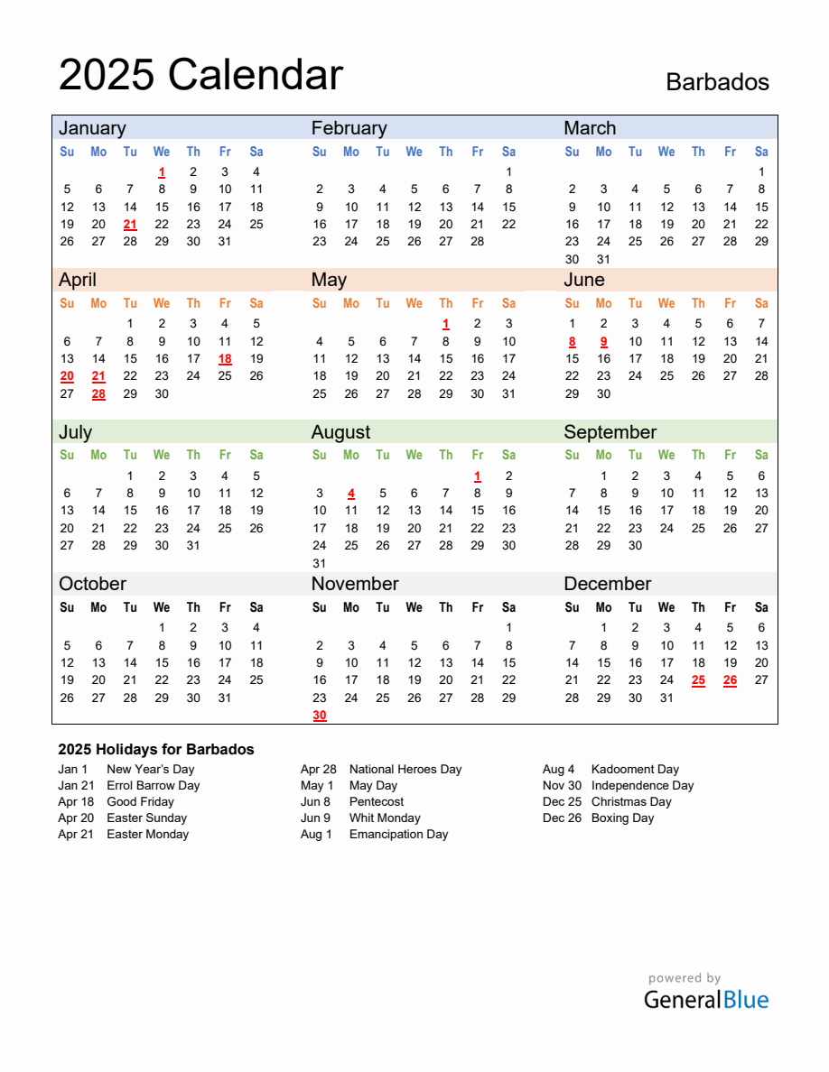 Annual Calendar 2025 with Barbados Holidays